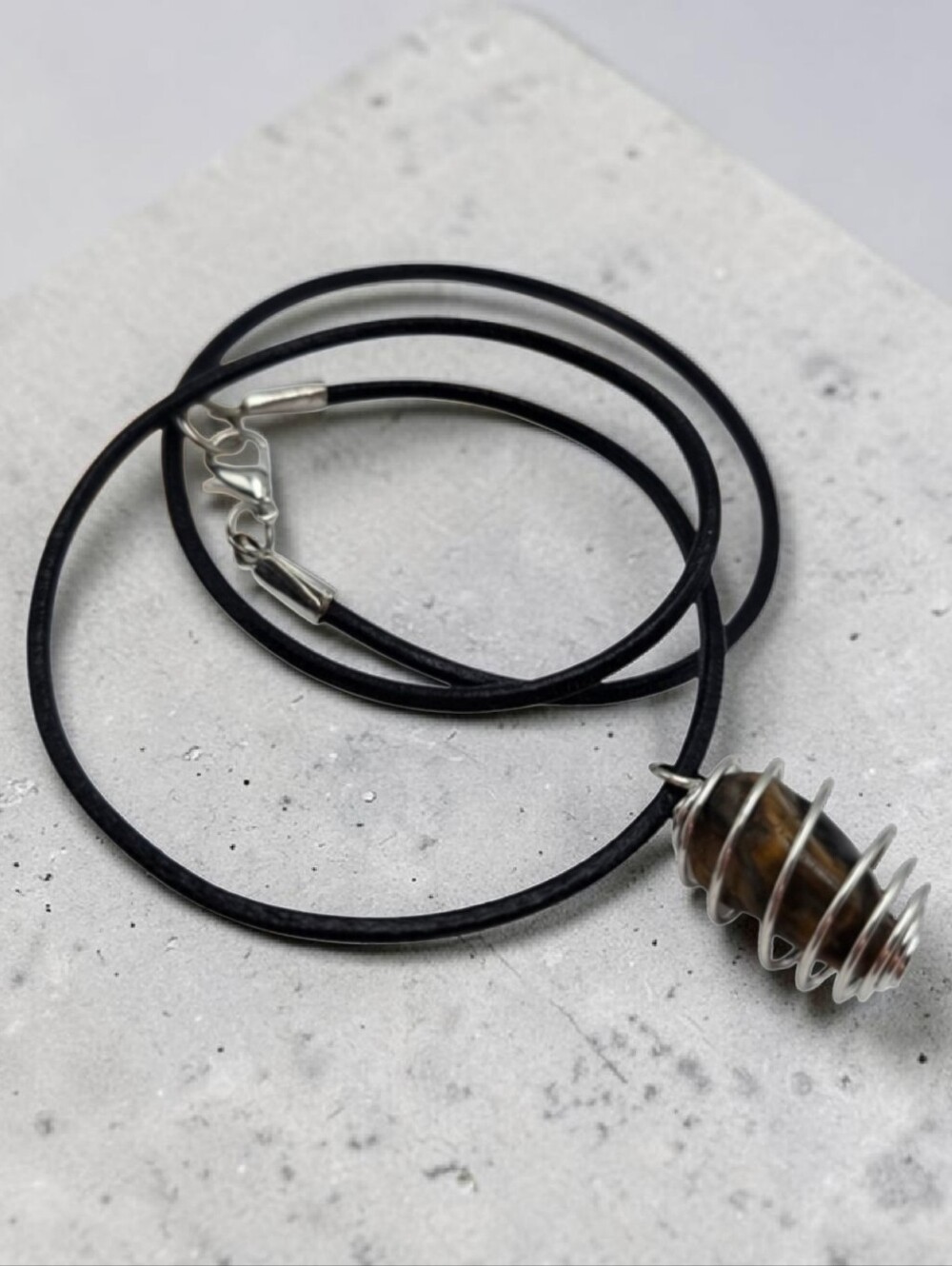 Handmade Tigers Eye Stone Pendant in Silver Spiral Cage Necklace
